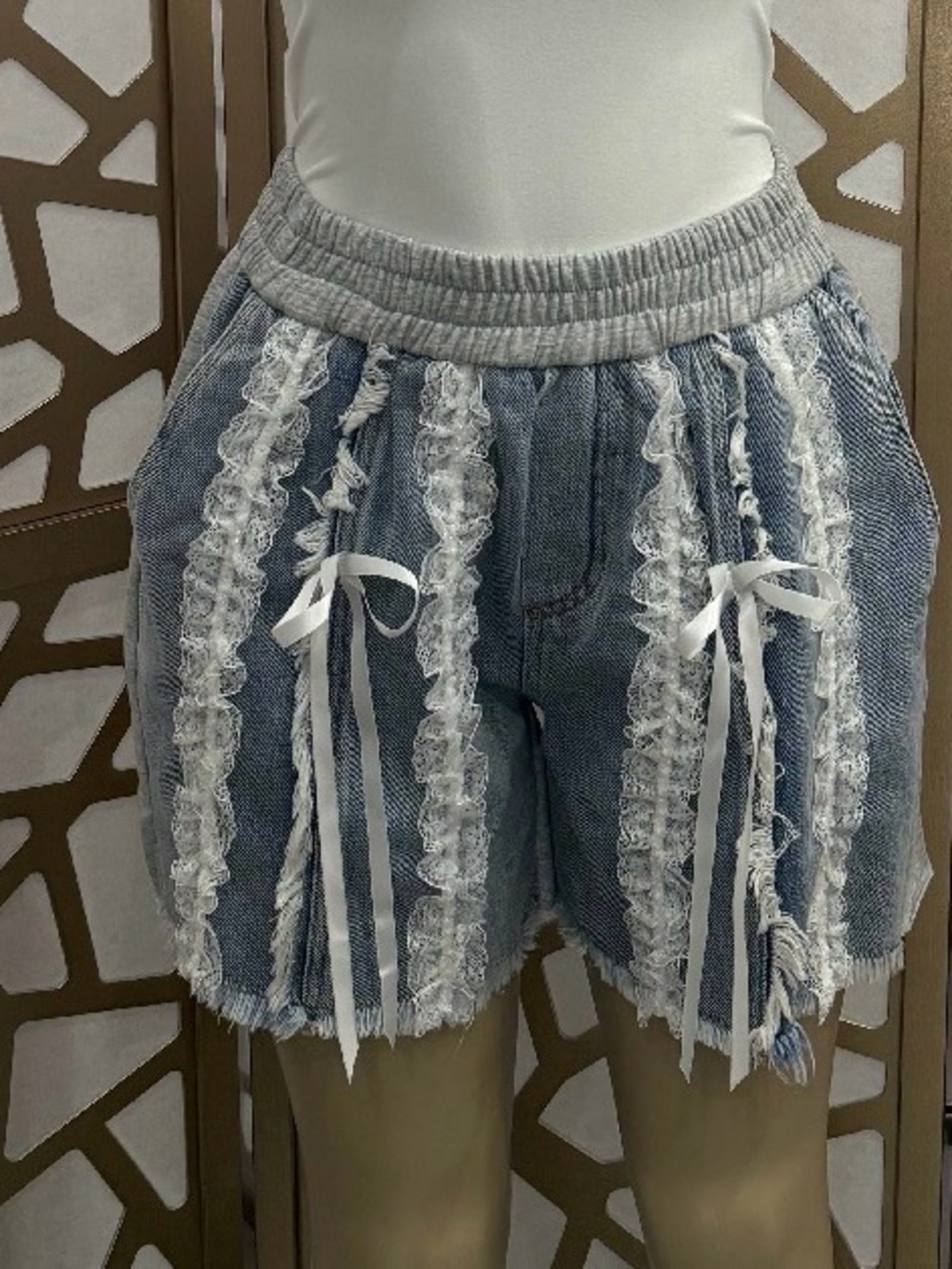 Blue Denim Lace-Trim Elastic Waist Women's Shorts